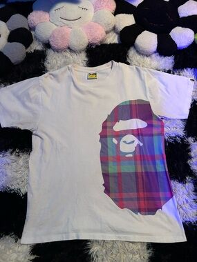 Bape White Tee with Multicolor Plaid Ape Head